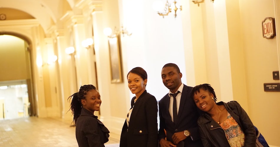 Tene Goodwin (second from left) during a site visit to the California State Capitol in Sacramento with ˽̳ Davis Mandela Washington Fellows Shakira Phiri (left), Likando Nabuyanda (second from right), and Victorine Dawonou (right).