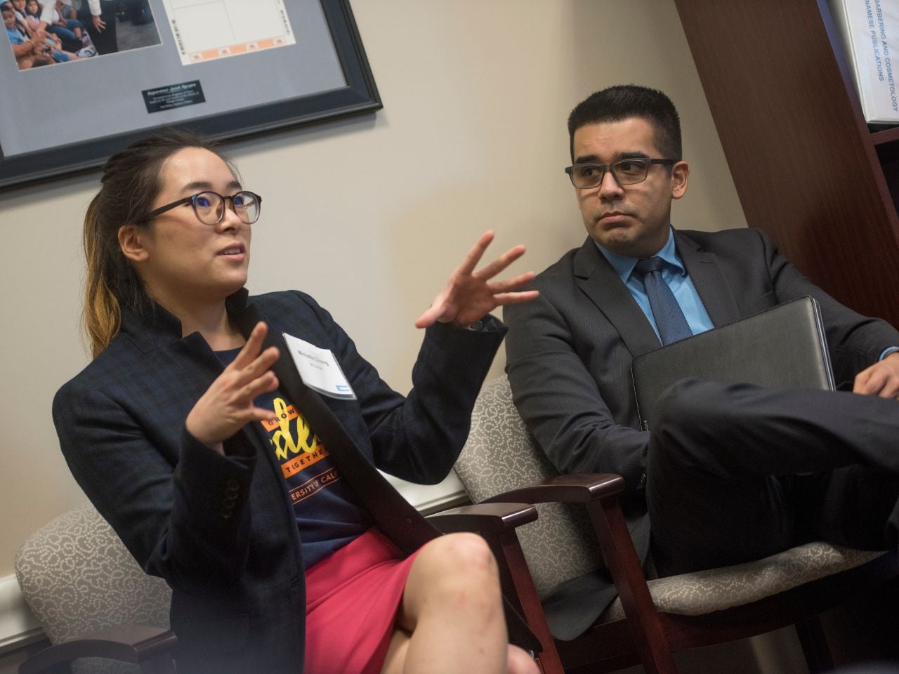 California State Senator Janet Nguyen sits in an office, passionately addressing a delegation from ˽̳ Irvine.