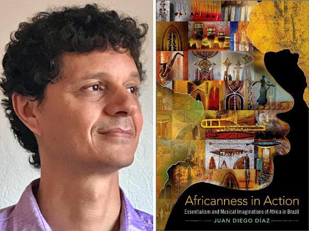 Juan Diego Díaz headshot, ˽̳ Davis faculty, and "Africanness in Action" book cover