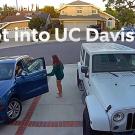 Security camera footage shows driveway with person jumping up and talking to driver. Text overlay says "I got into ˽̳ Davis"